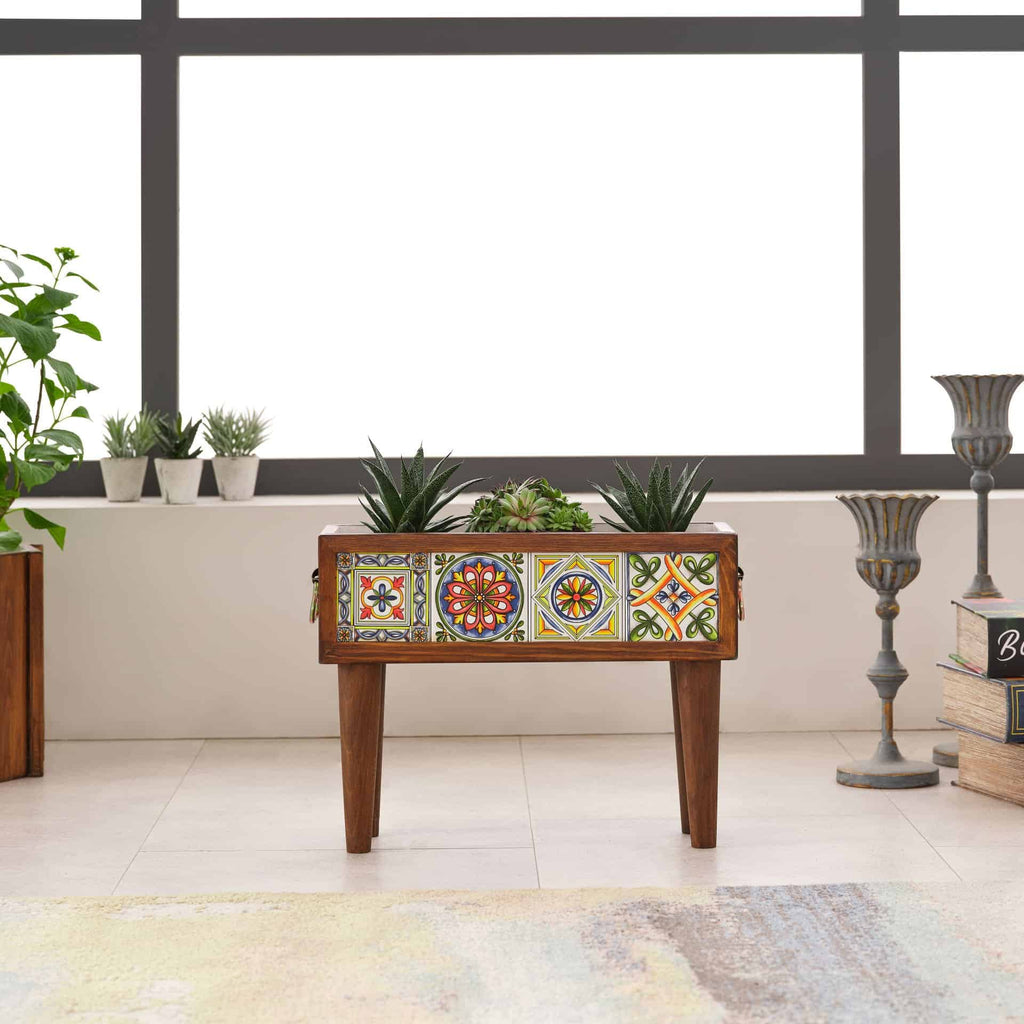 El Yapımı Ayaklı 4 Çinili Dekoratif Modern Ahşap Dikdörtgen Bahçe Balkon Saksı Saksılık Çiçeklik