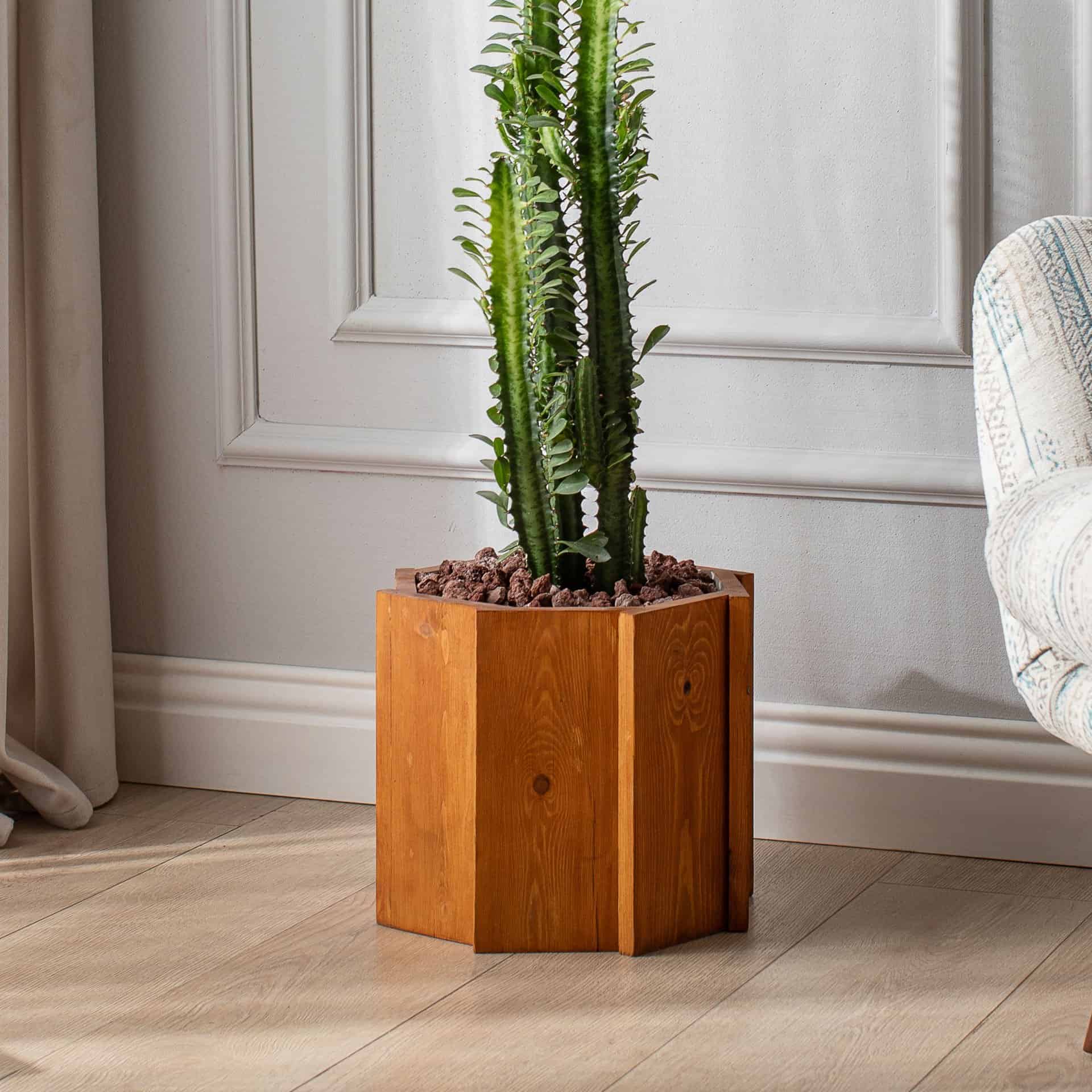 El Yapımı Ahşap Büyük Sekizgen Dekoratif Modern Kaliteli Bahçe Balkon Saksı - Açık Kahverengi