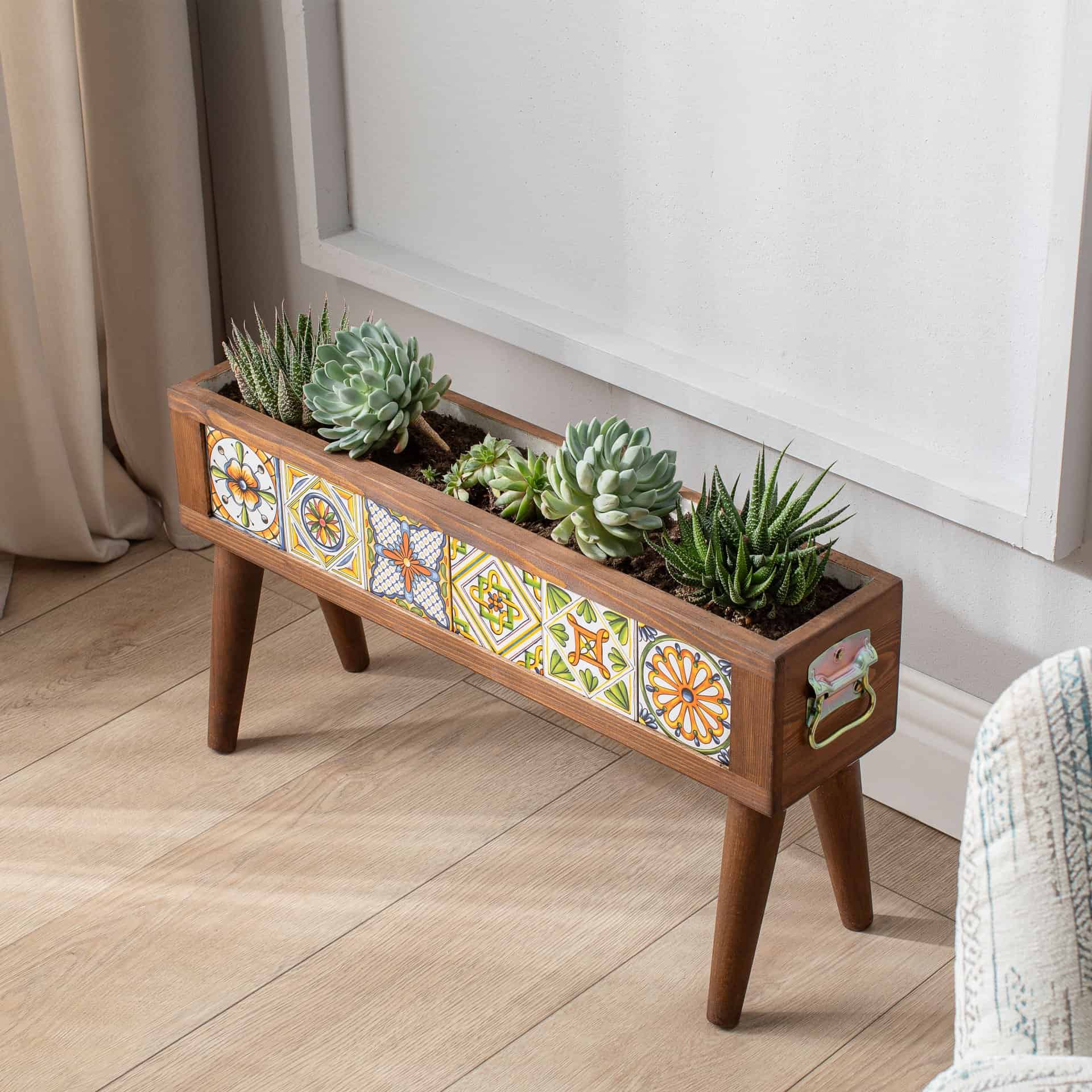 El Yapımı Ayaklı 6 Çinili Dekoratif Modern Ahşap Dikdörtgen Bahçe Balkon Saksı Saksılık Çiçeklik