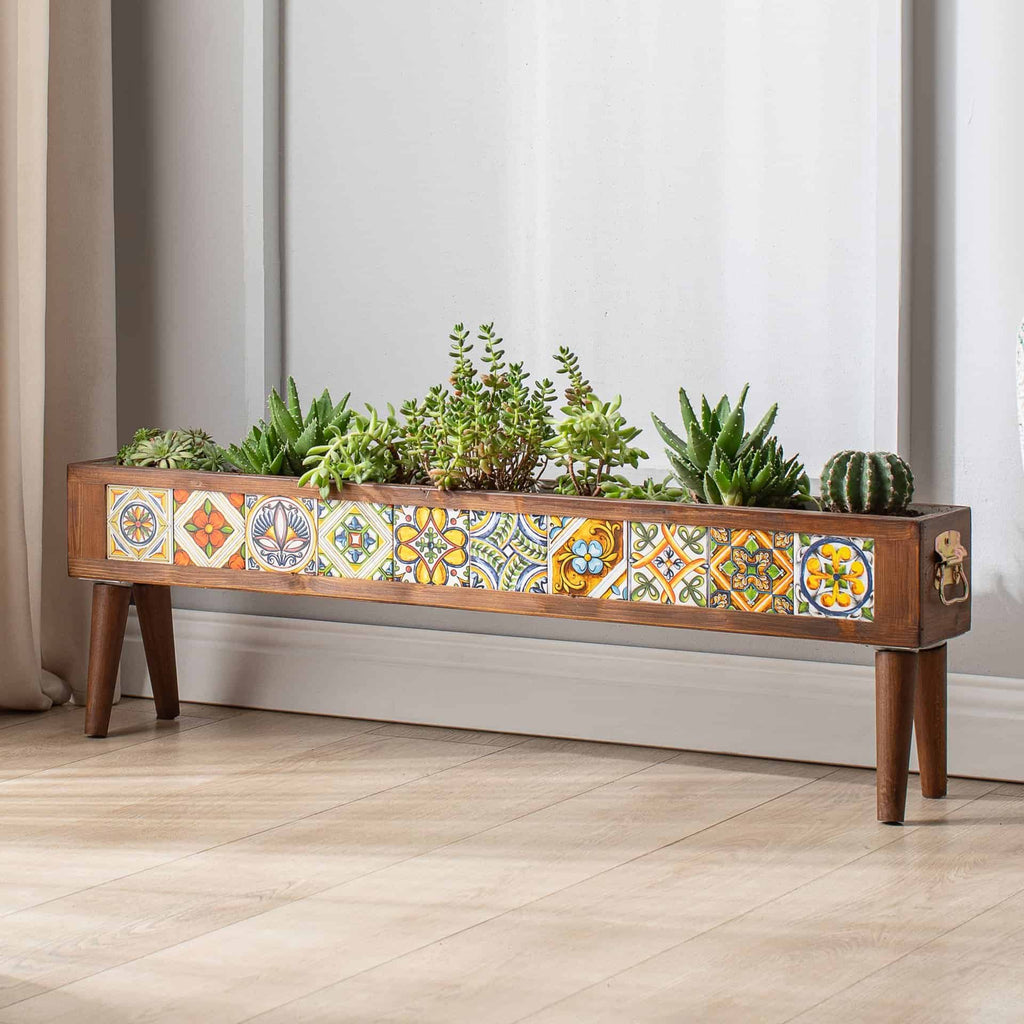 El Yapımı Ayaklı 10 Çinili Dekoratif Modern Ahşap Dikdörtgen Bahçe Balkon Saksı Saksılık Çiçeklik