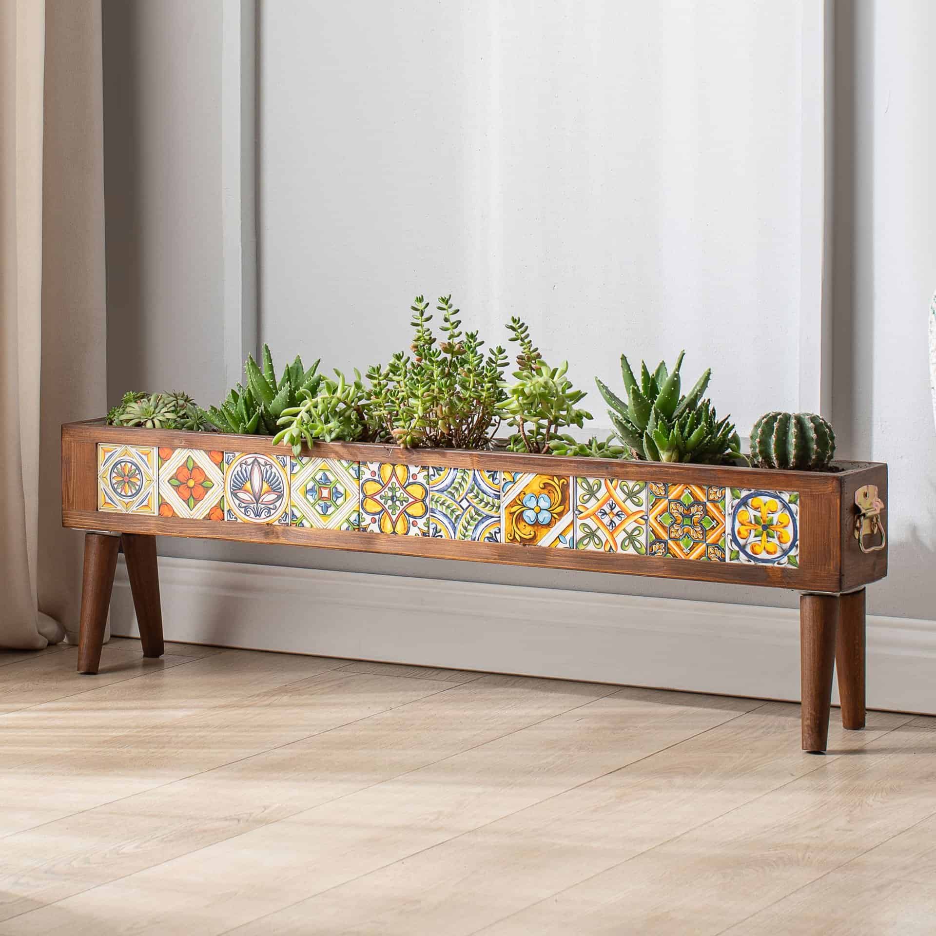 El Yapımı Ayaklı 10 Çinili Dekoratif Modern Ahşap Dikdörtgen Bahçe Balkon Saksı Saksılık Çiçeklik