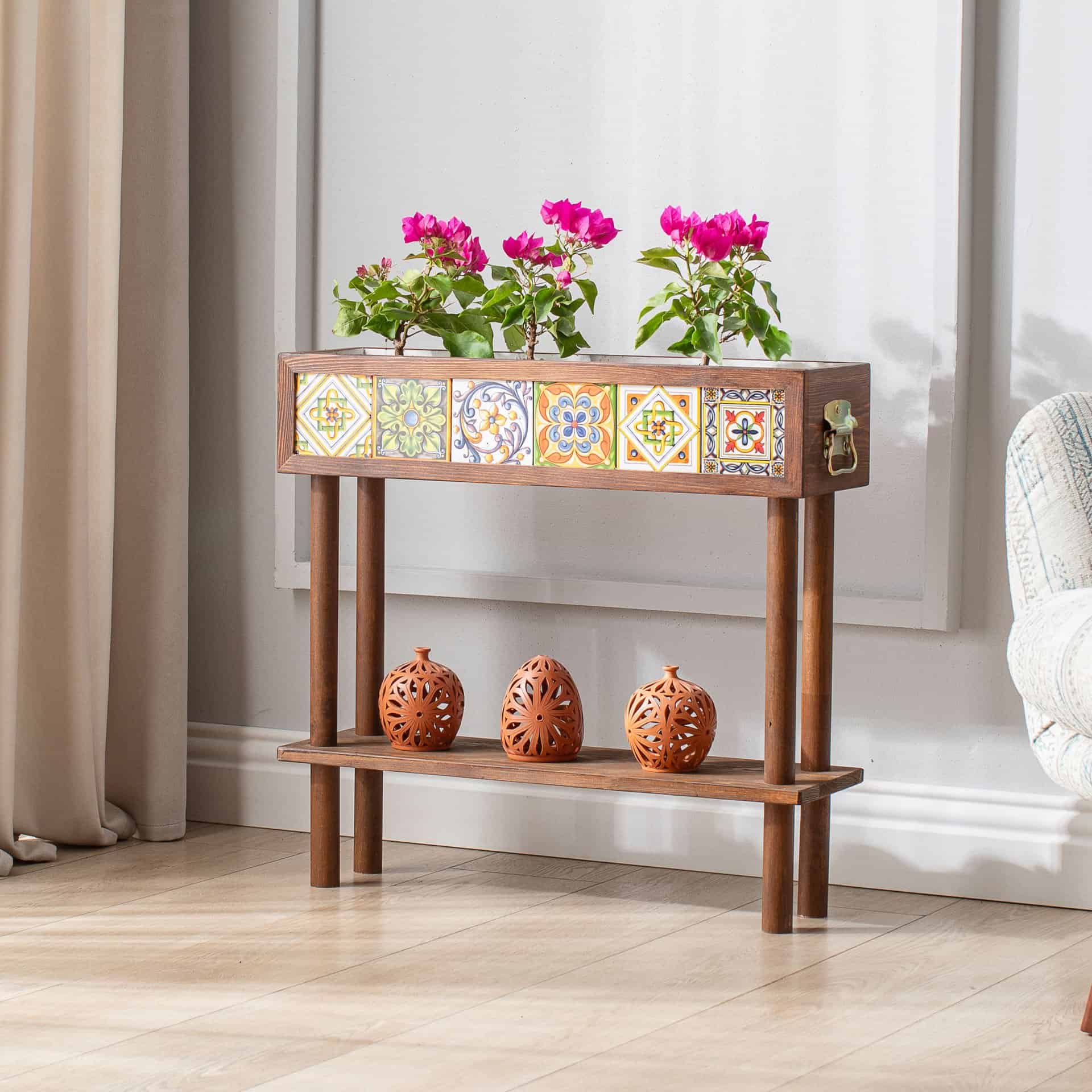 El Yapımı Ayaklı Raflı Saksı 6 Meksika Çinili Dekoratif Modern Ahşap Bahçe Balkon Saksı Saksılık