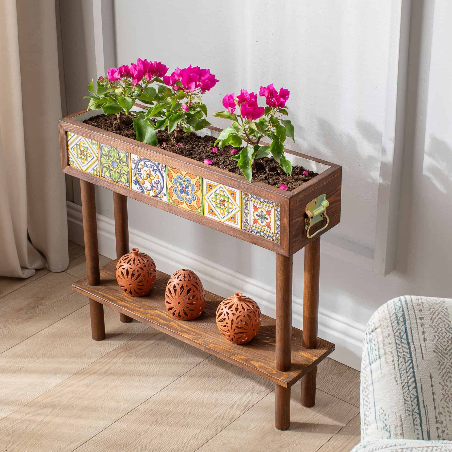 El Yapımı Ayaklı Raflı Saksı 6 Meksika Çinili Dekoratif Modern Ahşap Bahçe Balkon Saksı Saksılık