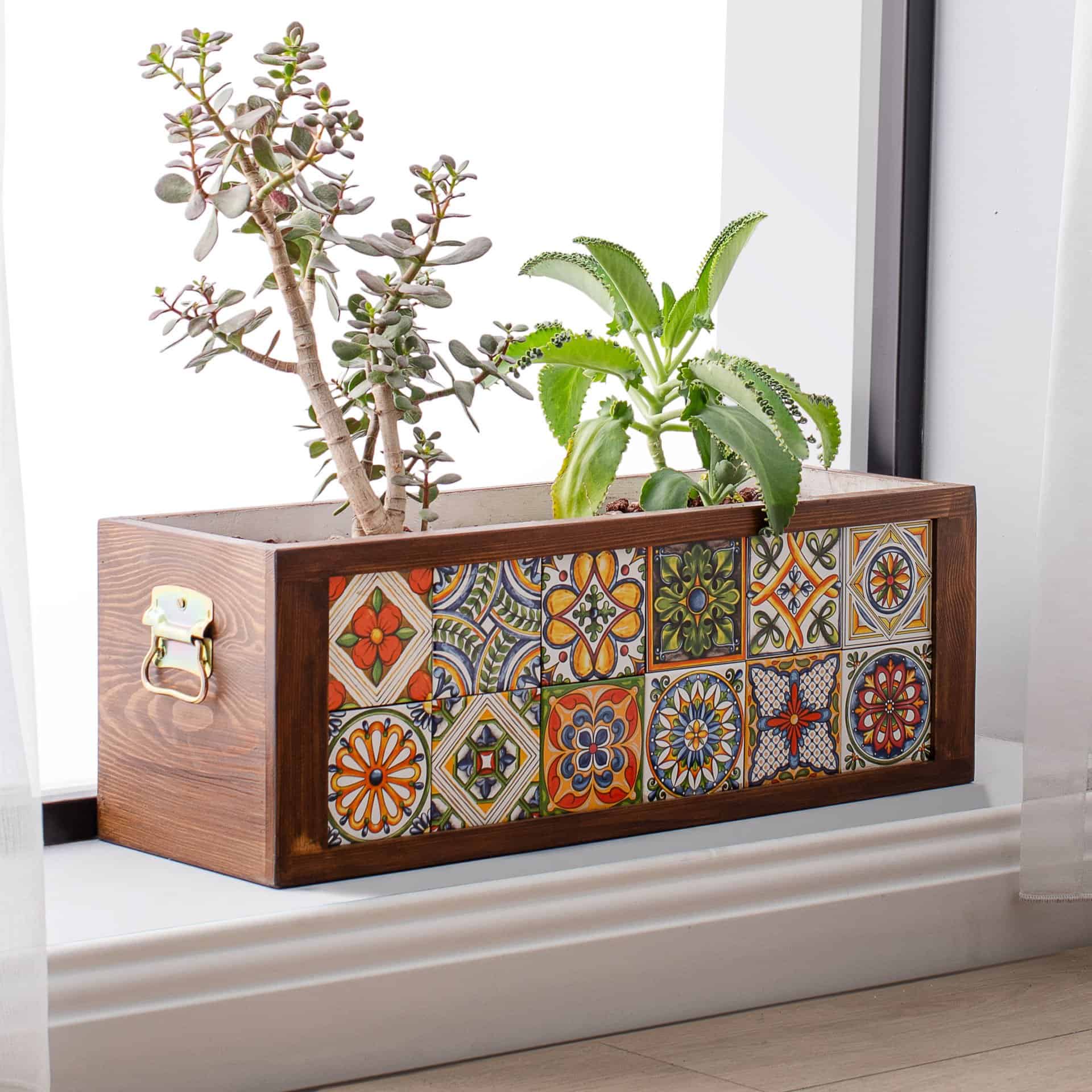 Meksika Çinili Ahşap Saksı-6x2 Çinili